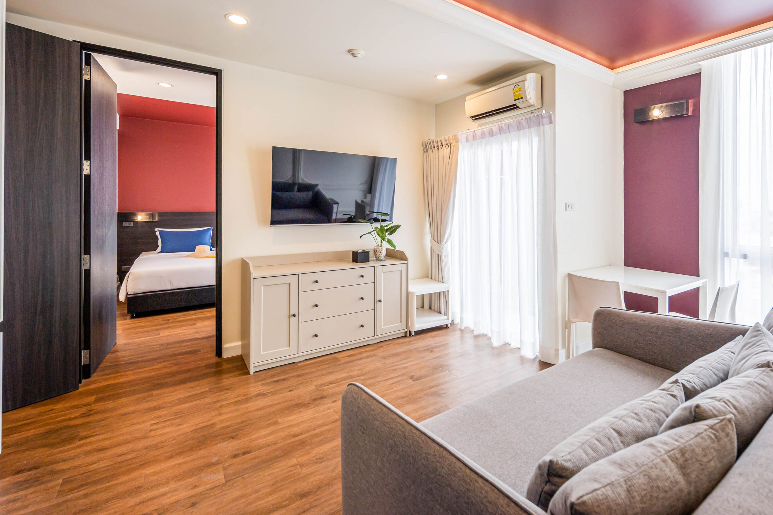 Spacious living room in Muslim-friendly suite at Red Crocodile Hotel