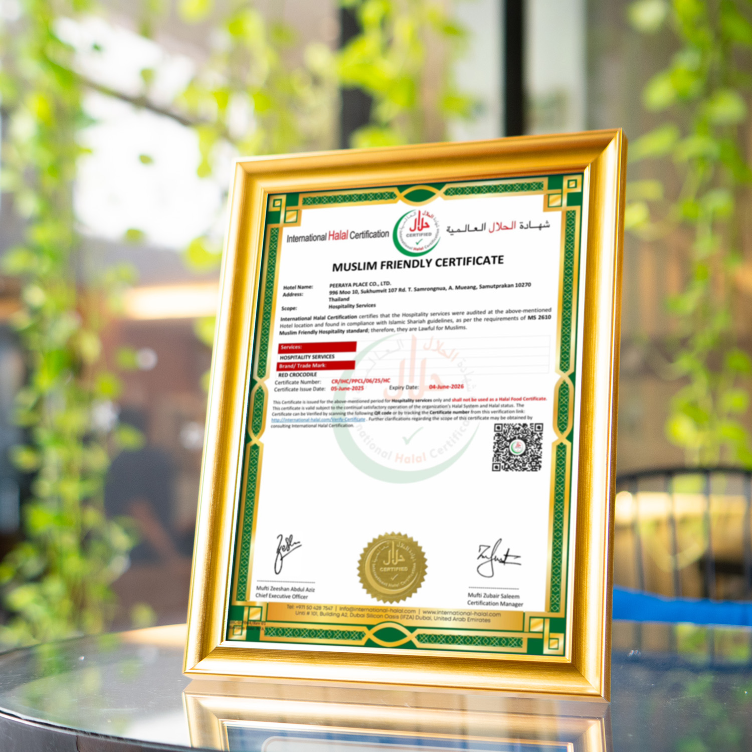 Muslim-Friendly Certificate of Red Crocodile Hotel issued by International Halal Certification, verifying hospitality compliance with Islamic standards